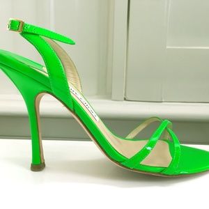 Green Neon Patent Leather Open Toe Strappy Sandals